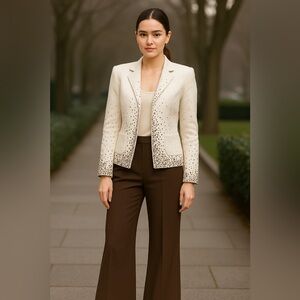 Escada women size 49 Linen Silk Blend cream beaded blazer old money quite luxury